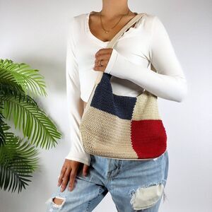 Vintage Y2K Beige Crochet Colorblock Indie Knit Casual Shoulder Bag Hobo Purse